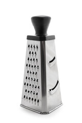 Stainless steel box grater with a black handle, kitchen utensil for food preparation, isolated on a white background © Pixel-Shot