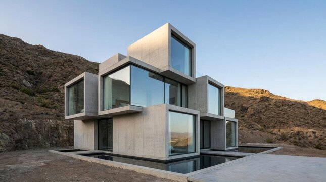 Modern modular concrete house in a desert mountain landscape.