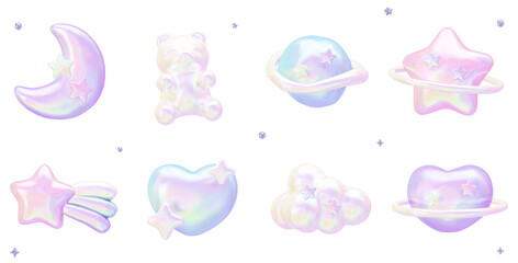Aurora Pastel Holographic Collection - Dreamy Space Fantasy Icon Set - Transparent 3D PNG Elements © 3Dfun