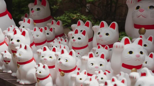 Lucky Maneki Neko cat figurines at Gotokuji Temple, ideal for themes of Japanese culture, travel, spirituality, tourism, good fortune, tradition, and iconic landmarks.