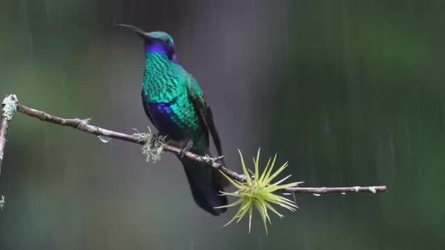 Sparkling Violetear Hummingbird Perched on a Wet Branch in the Rain