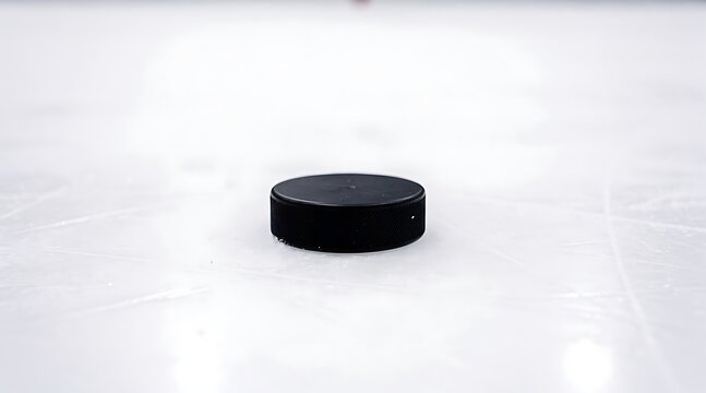 A single black ice hockey puck sitting on a white ice rink surface.