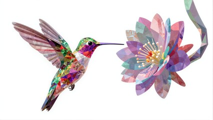 Naklejka premium Colorful hummingbird hovers near vibrant, geometric flower with intricate polygonal patterns.