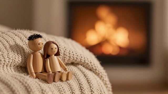 Wooden toys sit cozy on knit blanket near warm fireplace.