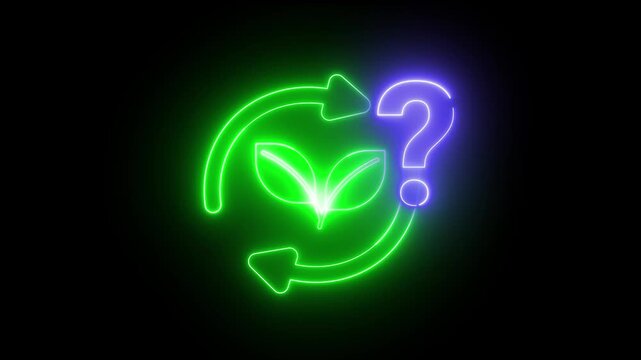 Green neon plant icon with circular arrows and question mark. Suggests sustainability, growth, or environmental uncertainty.