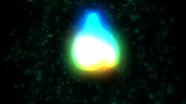 Glowing Cosmic Flame: A vibrant digital animation featuring a bright, ethereal light source resembling a flame or tear drop, shifting from yellow to blue and radiating light and floating particles aga