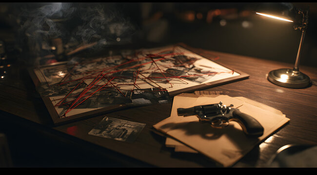 Detective's desk adorned with red string, a revolver, and evidence photos