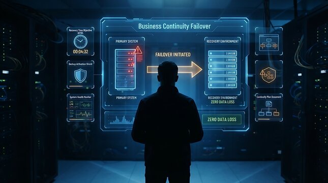 IT disaster recovery specialist standing before holographic business continuity failover interface for enterprise system recovery management and digital operational resilience solutions.