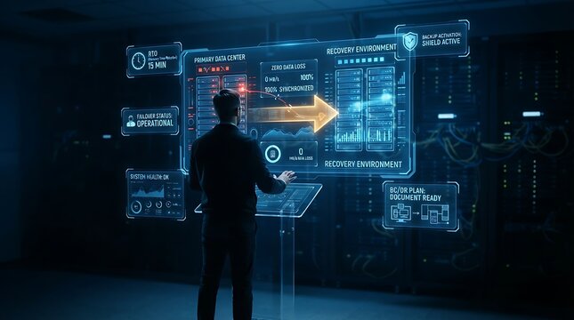 IT disaster recovery specialist standing before holographic business continuity failover interface for enterprise system recovery management and digital operational resilience solutions.