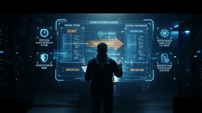 IT disaster recovery specialist standing before holographic business continuity failover interface for enterprise system recovery management and digital operational resilience solutions.