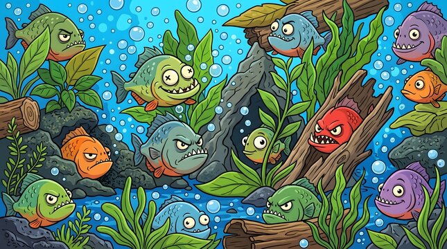 Colorful piranha cartoon characters swimming in a vibrant river