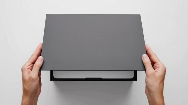 Hands Opening Black Premium Laptop Packaging Box Top Down View