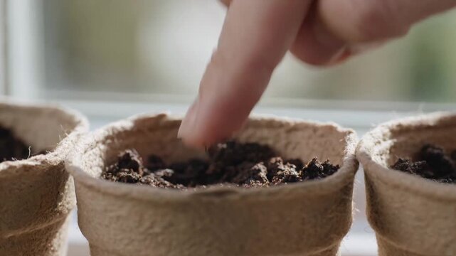 Close up of hand planting seed into soil in peat pot for gardening project