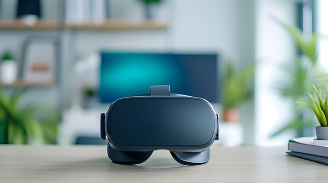 ニュートラルな空間のデスクに置かれたVRヘッドセットのシルエット