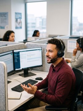 Man wearing headset working at computer in modern customer service office. Call center representative communicating with client. Professional teamwork and business support concept.