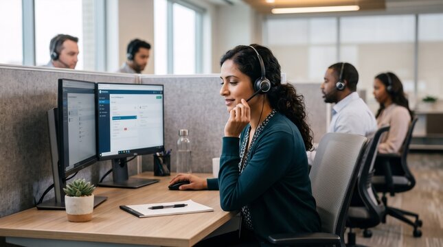 Woman customer service agent wearing headset and working at computer in modern call center. Telemarketing, help desk, remote communication and business support concept.