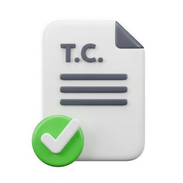 3d rendered document with checkmark and label indicating terms and conditions