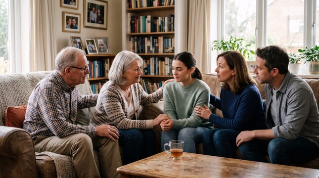 Older parents supporting adult daughter during a caring family conversation at home. Intergenerational relationship, emotional support and family counseling concept.