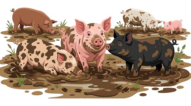 Group of multi colored pigs wallowing in thick mud