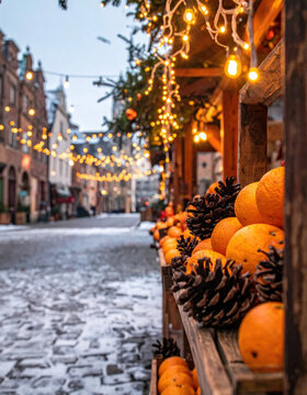 Christmas market orange pinecone fairy light winter snow decoration holiday street bokeh Warm christmas market orange and pinecone decoration with glowing fairy light along snow Christmas Concept