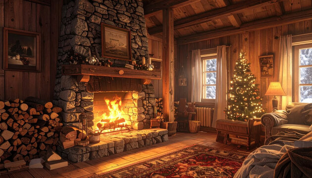Cozy living room christmas tree fireplace holiday decoration warm light rustic interior winter season wooden wall glowing fire cabin home cozy living room with glowing fire Christmas Concept