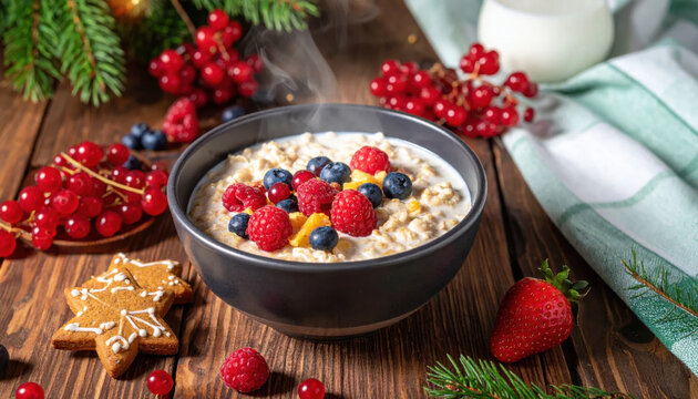 Festive oatmeal breakfast with berry, hot porridge bowl on wooden table, warm holiday morning food concept, steaming cereal with milk and cookie joy Christmas Concept