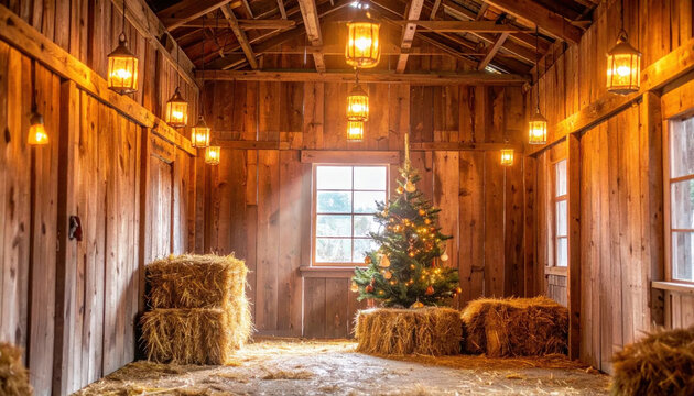Rustic barn interior christmas tree light warm hay wooden festive Rustic barn interior christmas tree light warm hay wooden wall cozy holiday decoration glowing lantern seasonal Christmas Concept