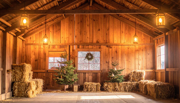 Rustic barn interior Christmas tree warm light wood wall hay bale holiday decor wreath country style cozy evening glow rustic barn interior with soft warm light wood wall Christmas Concept