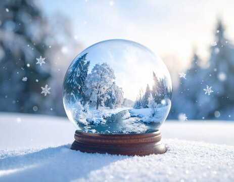 Snow globe winter landscape snow river forest tree glass holiday decoration Snow globe winter landscape snow river forest tree glass holiday decoration capture peaceful magic Christmas Concept