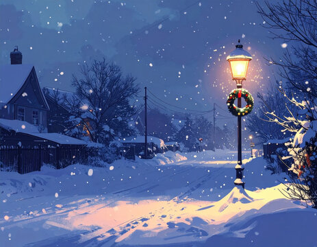Winter night snow street village lamppost wreath holiday Christmas peaceful winter night snow street village lamppost wreath holiday Christmas scene with glowing light Christmas Concept