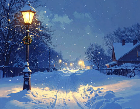 Winter snow snowfall snowflake evening night street village house lamp post Peaceful winter snow evening with gentle snowfall over quiet village street and warm lamp post glow Christmas Concept