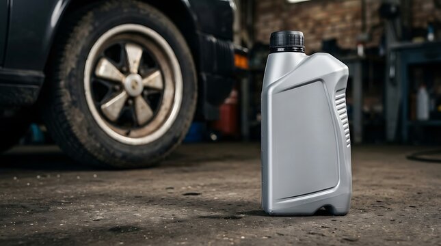 Grey plastic bottle of motor oil on the concrete floor of an auto repair garage with a car wheel in the background