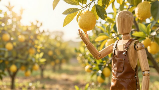Wooden figure in overalls reaches for a lemon amidst sunlit orchard rows.