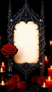 pergamino, pergamino antiguo, pergamino en blanco, marco g&oacute;tico, marco oscuro, marco ornamental, estilo g&oacute;tico, g&oacute;tico, calavera, calaveras, espinas, rosas rojas, rosa roja, velas, velas encendidas, f