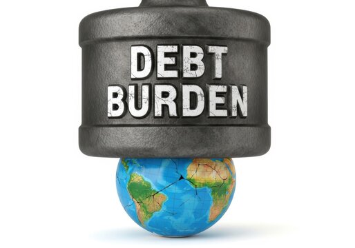 Global Debt Levels Concepts. Heavy weight labeled debt burden pressing down on a small globe representing global financial pressure and economic strain concept