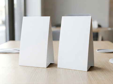 Two blank table tent menus standing on a wooden restaurant table