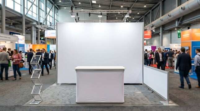 Empty trade show booth with blank white backdrop and reception counter desk at a busy exhibition hall mockup