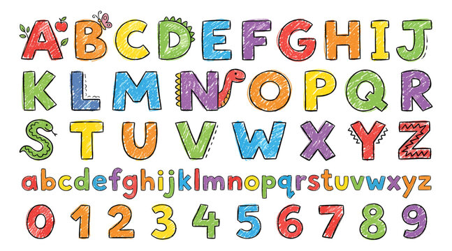 Colorful hand-drawn ABC alphabet letters and numbers for children's education and playful design.