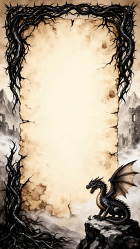 pergamino, pergamino antiguo, manuscrito, marco decorativo, marco medieval, drag&oacute;n, drag&oacute;n negro, criatura fant&aacute;stica, fantas&iacute;a, fantas&iacute;a medieval, mitolog&iacute;a, leyenda, cuento fant&aacute;stico, mundo fant&aacute;st