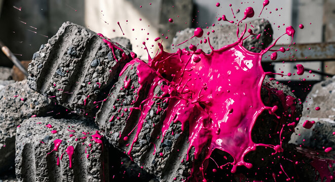 Dynamic splash of vibrant pink liquid paint exploding over rough grey concrete blocks representing creative contrast and urban art