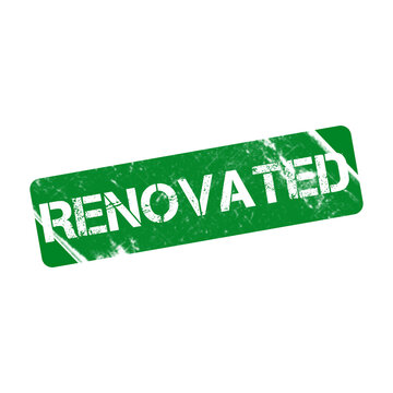 Renovated green rubber stamp, distressed grunge stamp icon, isolated textured renovation seal on white background