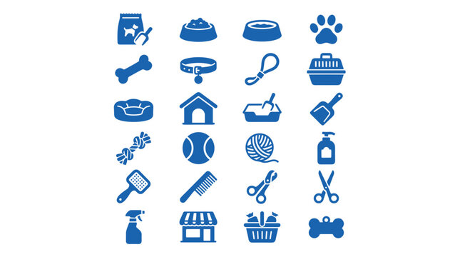A set of blue pet care icons representing food, toys, grooming,abd accessories on a transparent background