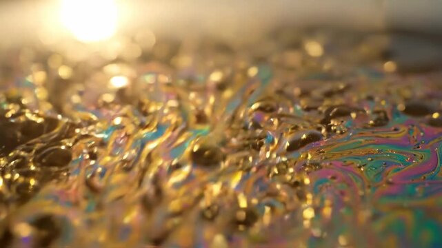 Iridescent soap bubble surface shimmering with rainbow colors and light reflections, macro photography, abstract pattern