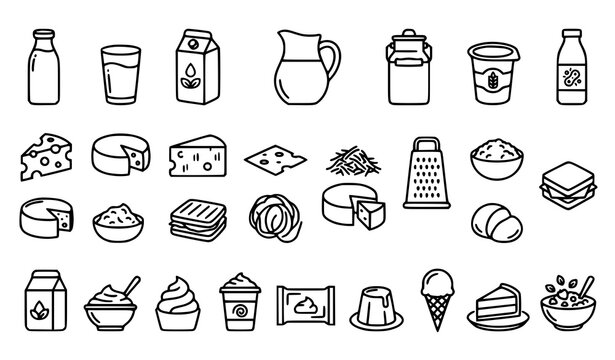 Dairy Food Milk Cheese Butter Yogurt and Cream Outline Icons