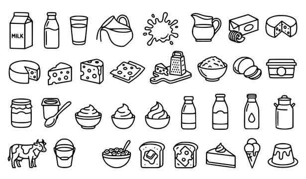 Dairy Milk Cheese Butter Yogurt and Cream Food Line Art Collection
