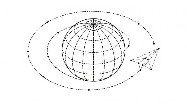 Minimalist globe illustration with aircraft orbiting global flight paths on white background
