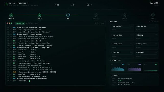 DevOps deploy pipeline dashboard streaming build logs through install test and deploy stages