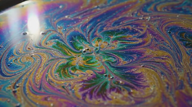 Iridescent soap bubble surface with swirling colorful patterns and tiny bubbles, abstract macro photography, science experiment detail, vibrant oil slick effect