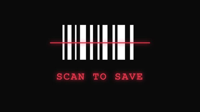 Scan to save barcode animation with red laser line effect for digital retail and e-commerce marketing 4k