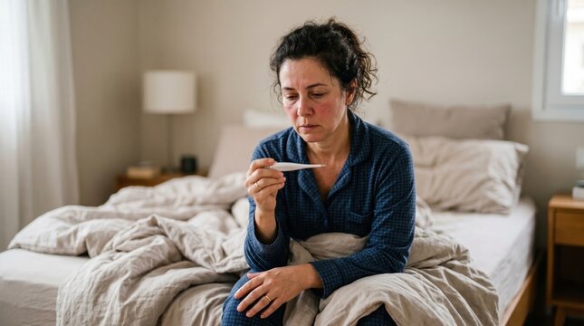 Woman with thermometer in bed feeling unwell and sick